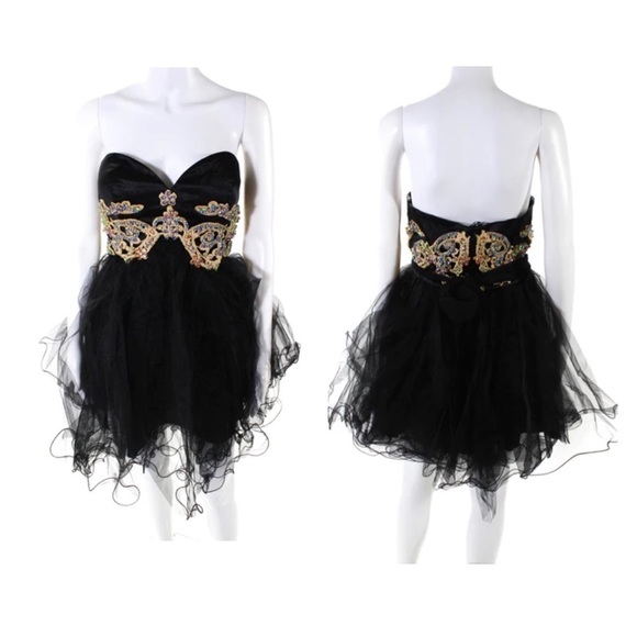 SHERRI HILL Black Gold Embroidered Tulle Strapless Mini Cocktail Dress Size 2 - Picture 1 of 7
